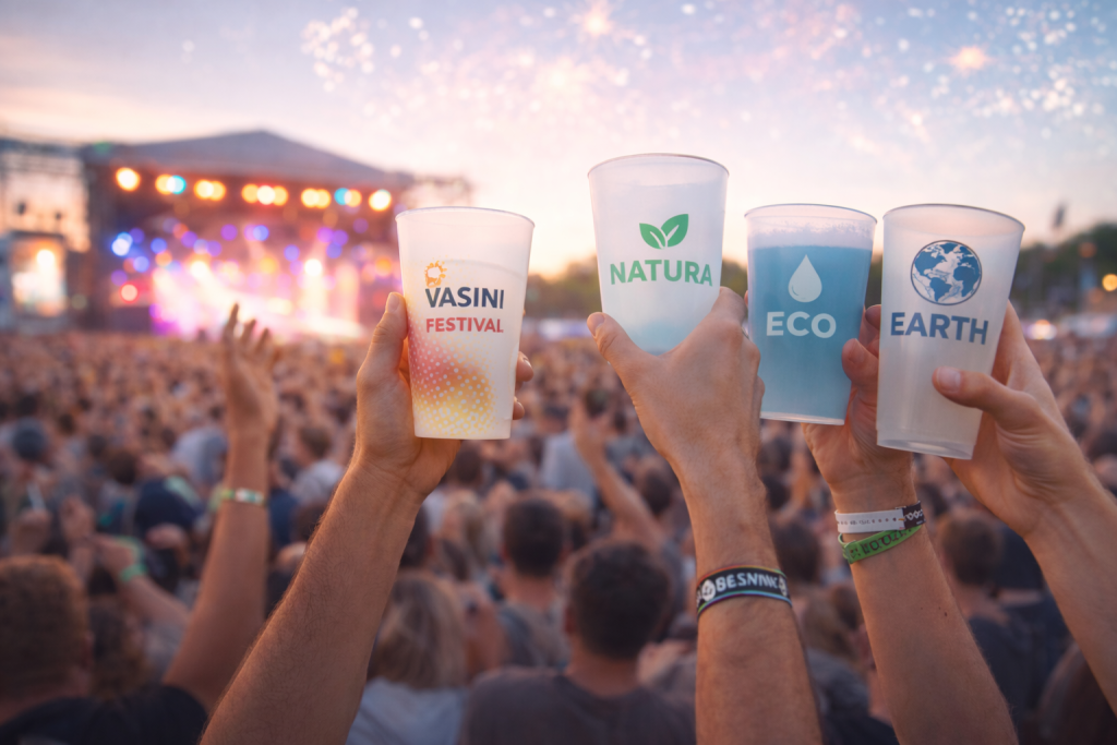 Manos levantando un vaso de plastico, personalizable y reutilizable en un festival.
