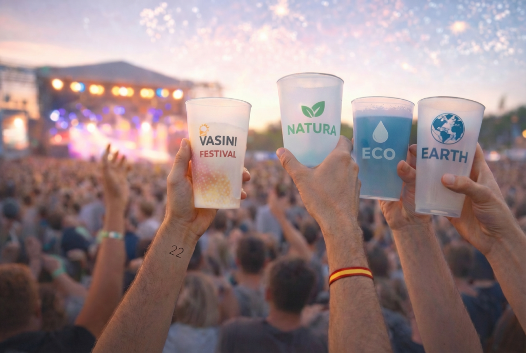 vasos reutilizables y personalizados en un festival