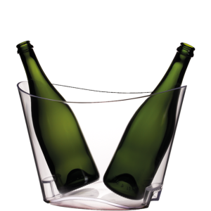 Cubitera de policarbonato transparente con capacidad para dos botellas, ideal para mantener bebidas frías.