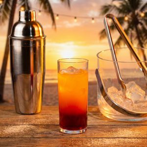 Vaso de plastico de 40cl de tubo de policarbonato sobre una mesa de madera en una playa con palmeras de fondo