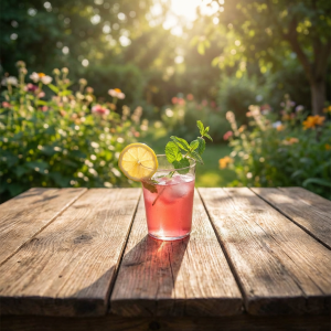 Vaso de plastico de 33cl de policarbonato sobre una mesa en un jardin