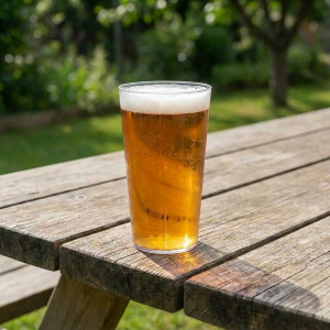 Vaso de plastico de 40cl de policarbonato sobre una mesa de madera en un jardin lleno de cerveza