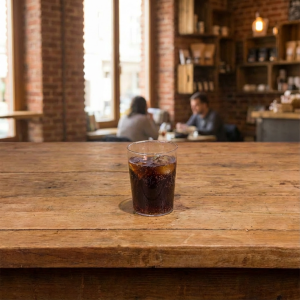 Vaso de plastico de 50cl sidra de policarbonato sobre una mesa de madera de un bar con hielo y cocacola dentro