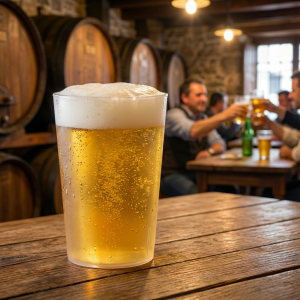 Vaso de 50cl de polipropileno lleno de cerveza fria, sobre una mesa de una bodega