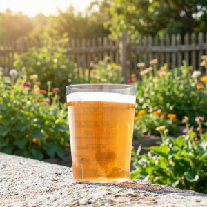 Vaso de plastico de 60cl de policarbonato sobre un muro de piedra en un jardin lleno de cerveza